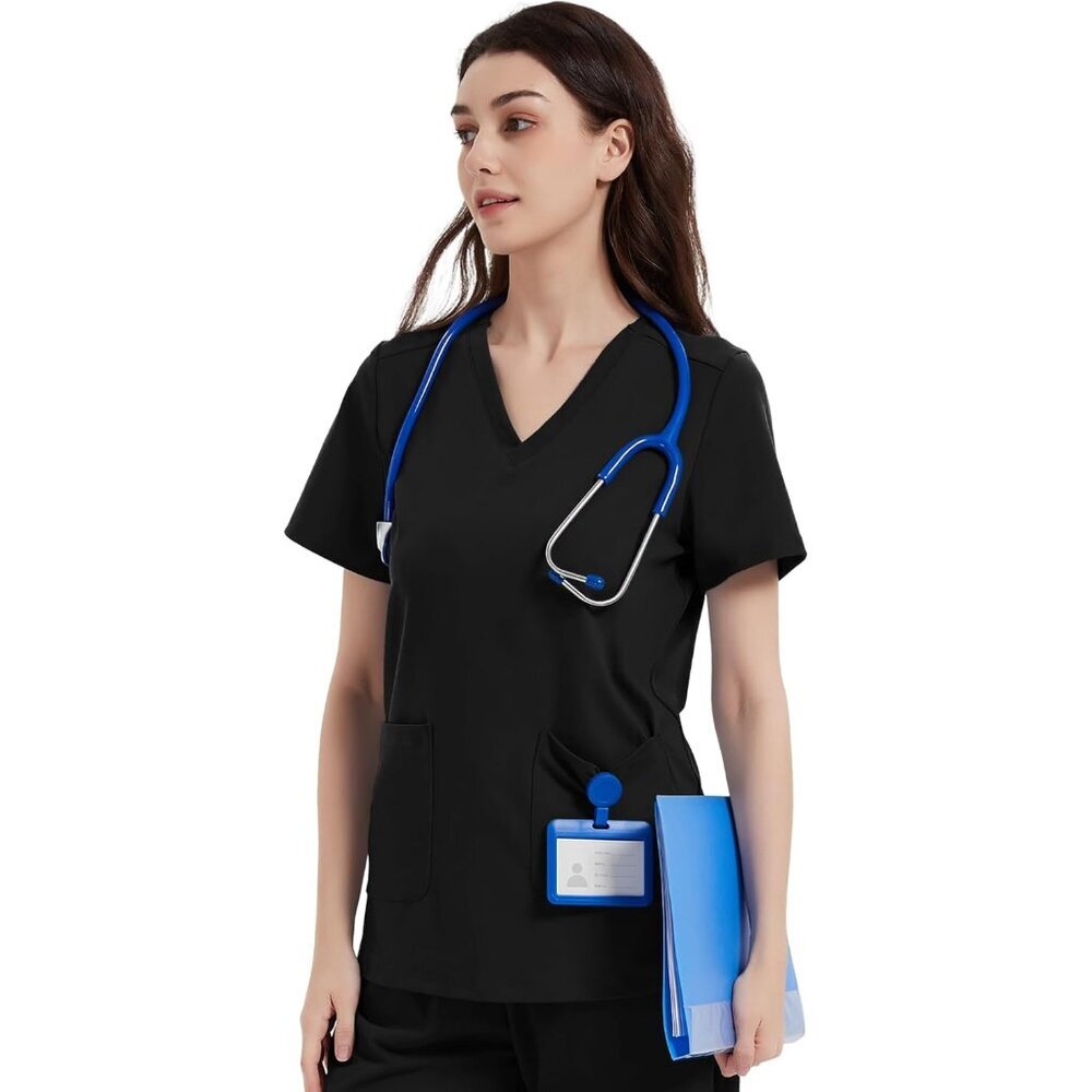 Women’s Yoga Scrub Top V Neck Pockets Comfort Stretch Wear To Work